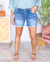 Saylor Mid Rise Button Fly Shorts - Medium Wash