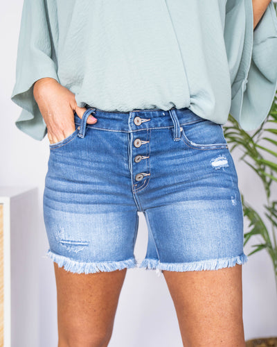 Saylor Mid Rise Button Fly Shorts - Medium Wash