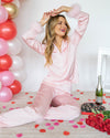 Trisha Button Down Feather Pom Pom Pajama Top - Candy Hearts Pink