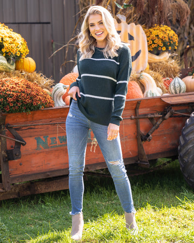 Autumn Breeze Striped Sweater - Forest Green