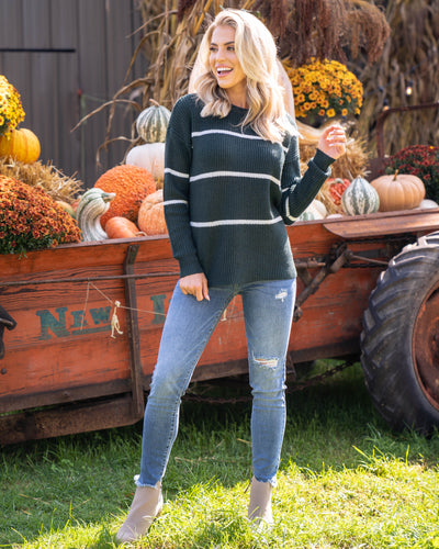 Autumn Breeze Striped Sweater - Forest Green