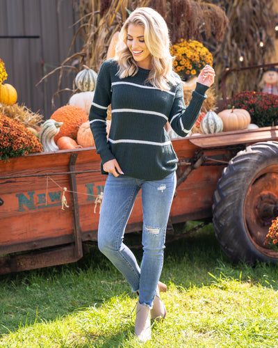 Autumn Breeze Striped Sweater - Forest Green