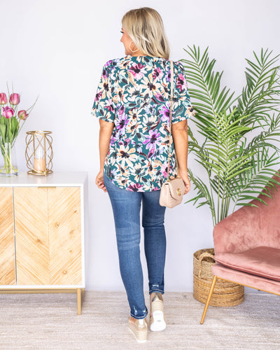 Burst Into Bloom Floral V-Neck Blouse - Hunter Green