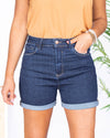 Tara High Rise Rolled Hem Shorts - Super Dark Wash