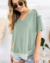Crew V-Neck Waffle Knit Top - Mint