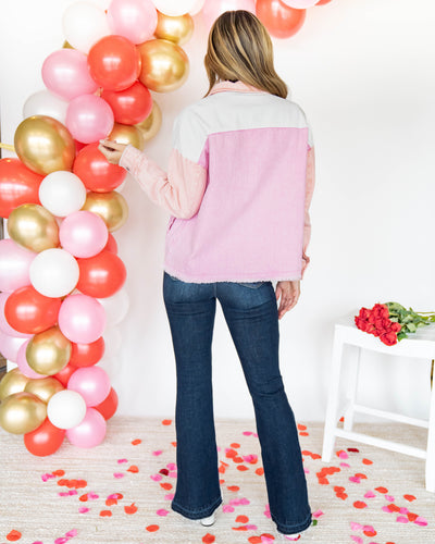 Kimberly Color Block Pocketed Denim Jacket - Pink Multi