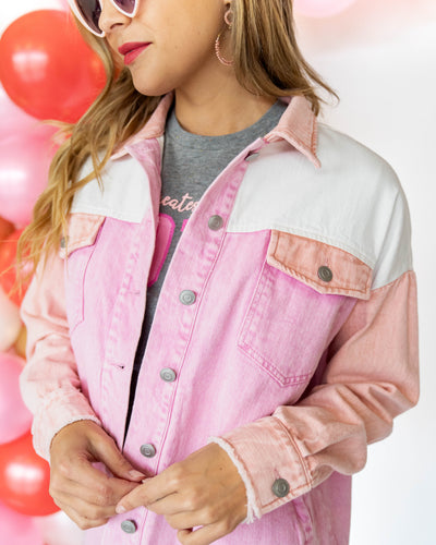 Kimberly Color Block Pocketed Denim Jacket - Pink Multi