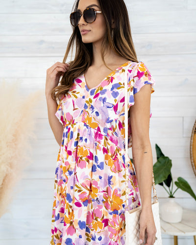 Jean V-Neck Floral Flutter Sleeve Babydoll Dress - Orchid Multi