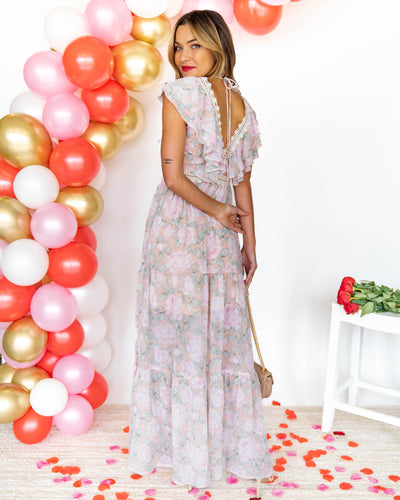 Cecilia Floral Crochet Lace V-Neck Maxi Dress - Apricot Multi