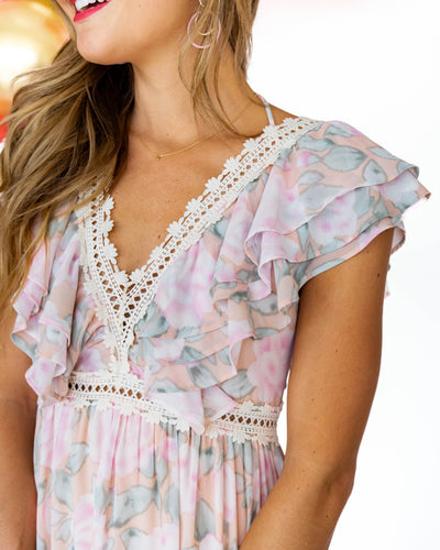 Cecilia Floral Crochet Lace V-Neck Maxi Dress - Apricot Multi