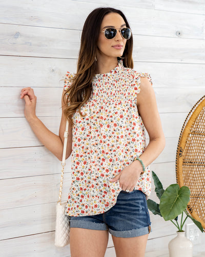 Bonnie Smocked Ditsy Floral Tank - Off White