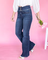 Shayla High Rise Elastic Waist Super Flares - Dark Wash