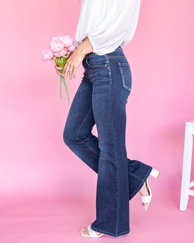 Shayla High Rise Elastic Waist Super Flares - Dark Wash