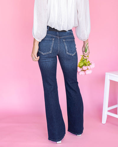 Shayla High Rise Elastic Waist Super Flares - Dark Wash