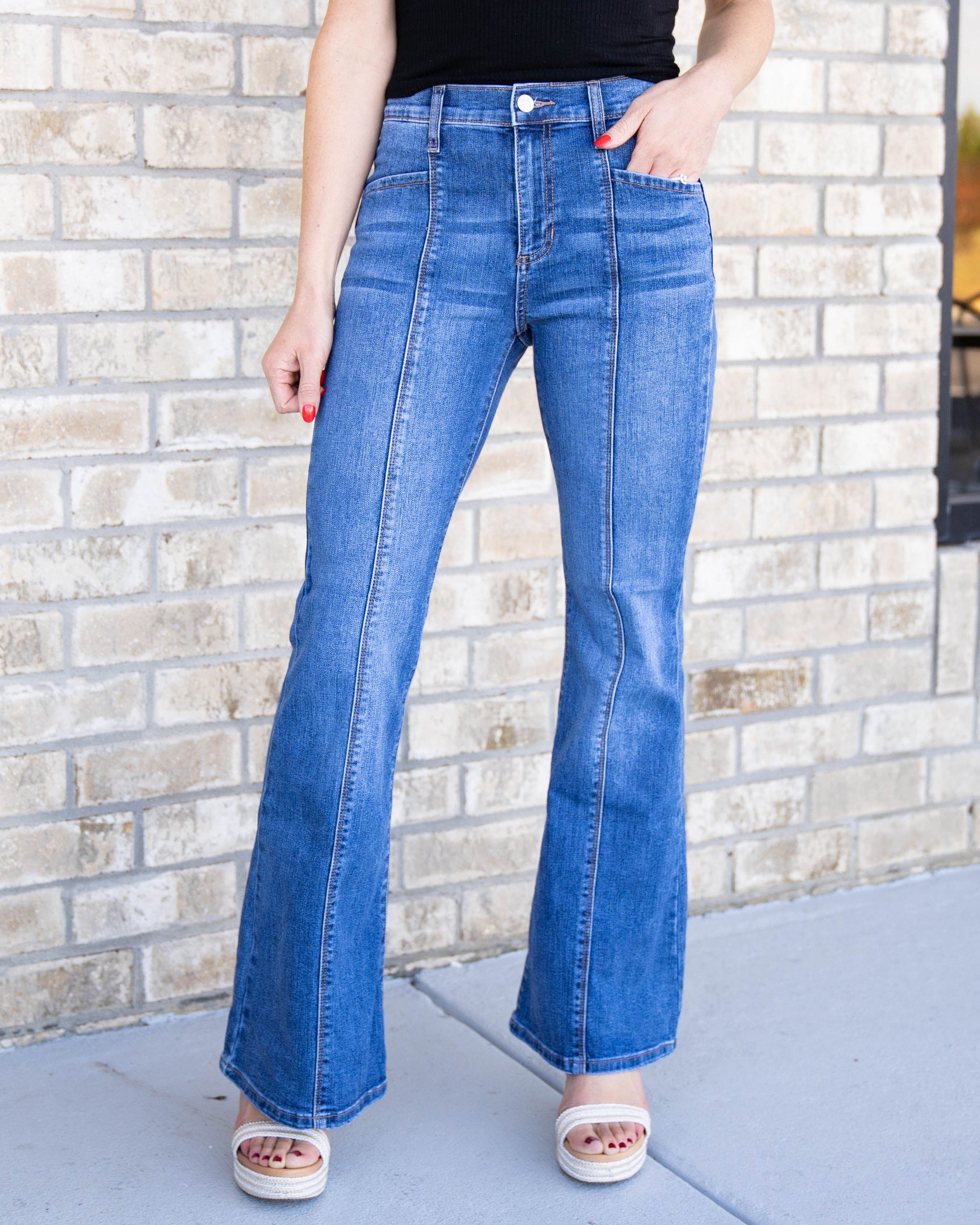 Everly Front Seam Flare Jeans - Medium Wash - Eleven Oaks Boutique