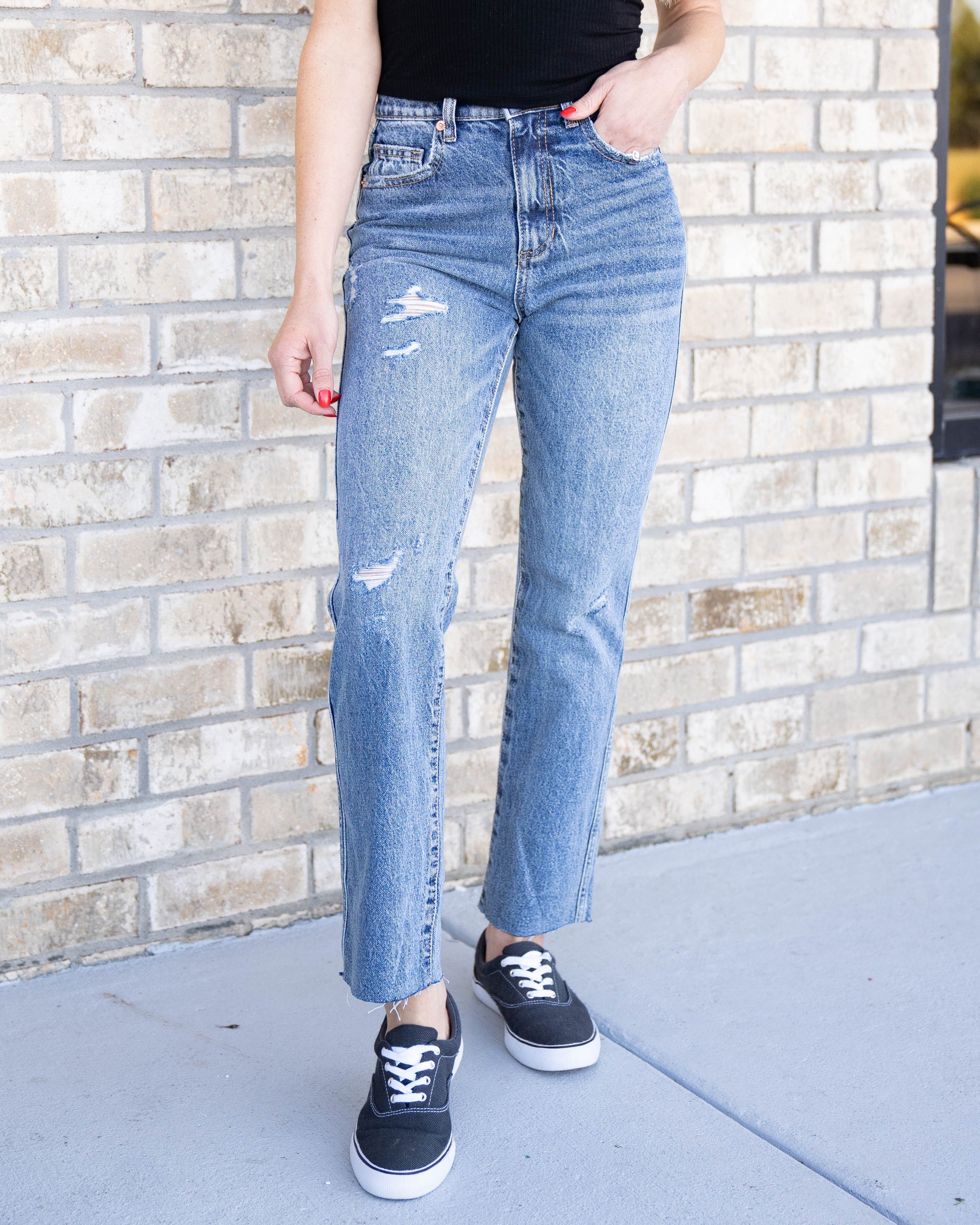 Hallie High Rise Slim Straight Jeans - Medium Wash - Eleven Oaks