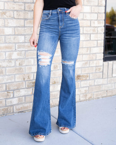 Dallas High Rise Distressed Flare Jeans - Medium Wash