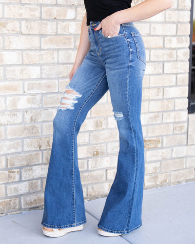 Dallas High Rise Distressed Flare Jeans - Medium Wash