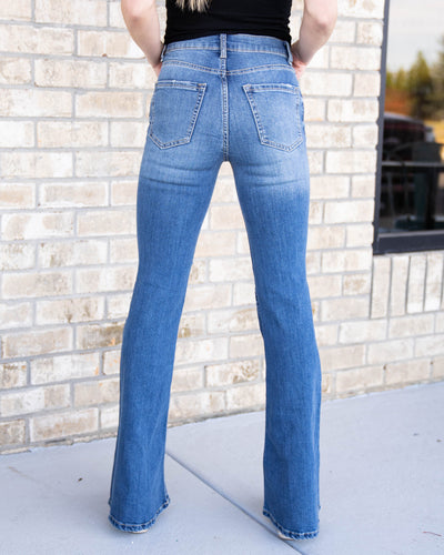 Dallas High Rise Distressed Flare Jeans - Medium Wash