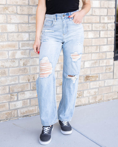 Indie 90's Distressed Straight Leg Jeans - Light Wash