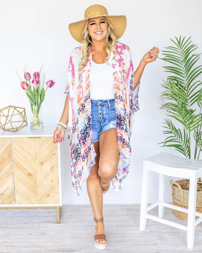 Rising Sun Tie Dye Kimono - Pink/Ivory