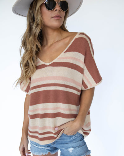 Camille Striped V-Neck Knit Top - Warm Beige