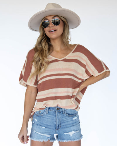 Camille Striped V-Neck Knit Top - Warm Beige