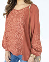 Angela Pleated Embroidered Blouse - Rust