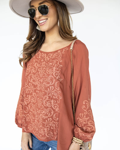 Angela Pleated Embroidered Blouse - Rust