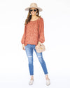 Angela Pleated Embroidered Blouse - Rust