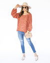 Angela Pleated Embroidered Blouse - Rust