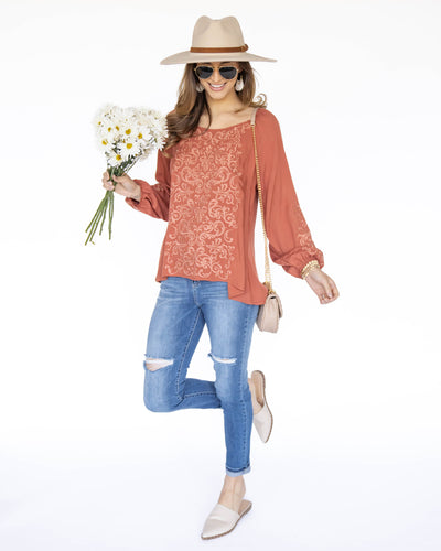 Angela Pleated Embroidered Blouse - Rust