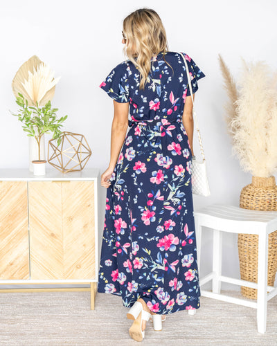 Maxine Front Tie Faux Wrap Maxi Dress - Navy