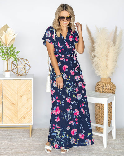 Maxine Front Tie Faux Wrap Maxi Dress - Navy