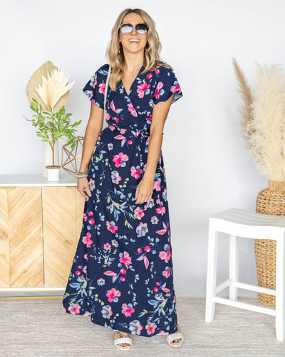 Maxine Front Tie Faux Wrap Maxi Dress - Navy