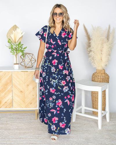 Maxine Front Tie Faux Wrap Maxi Dress - Navy