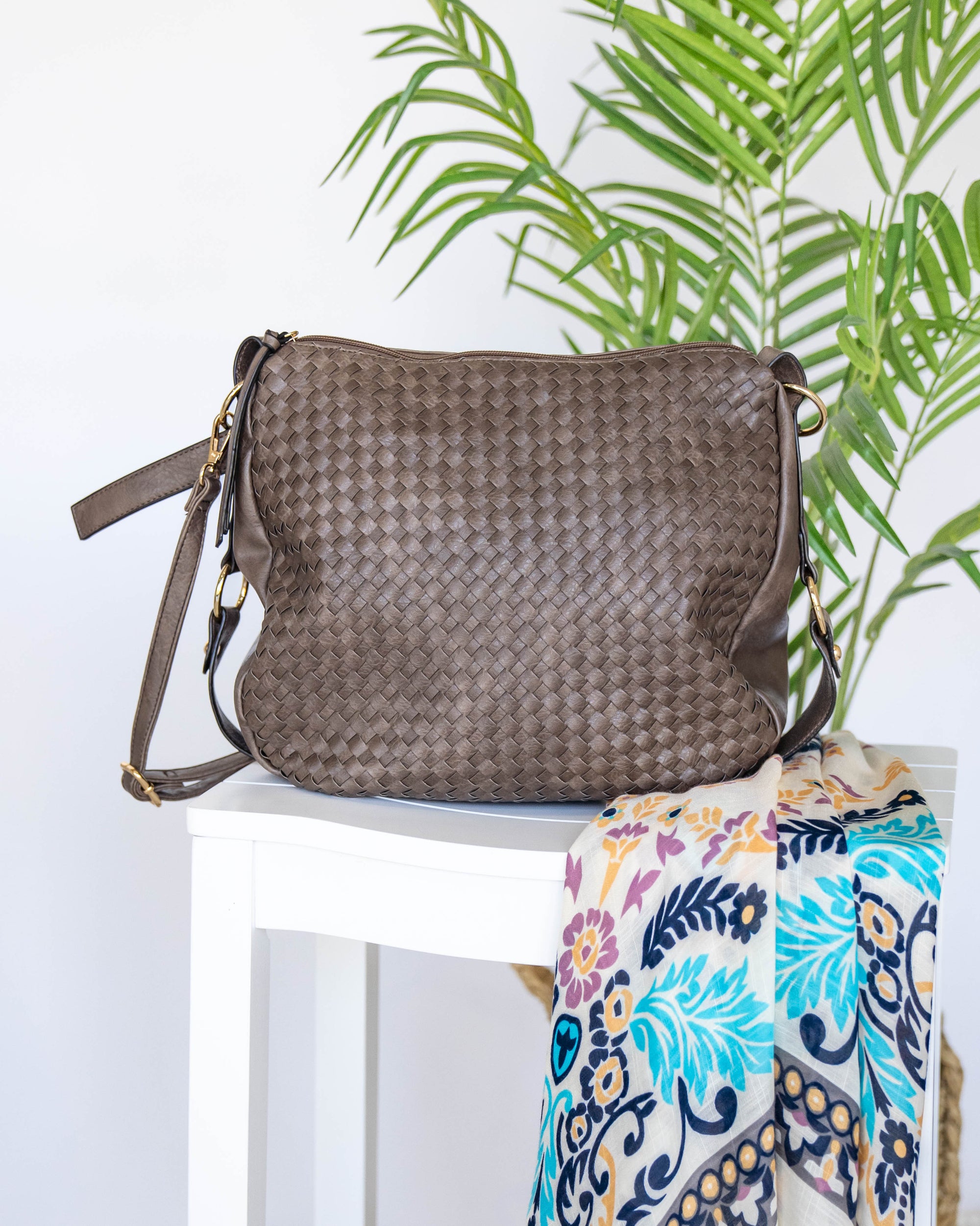 Claire Woven Vegan Leather Handbag - Dark Taupe - Eleven Oaks Boutique