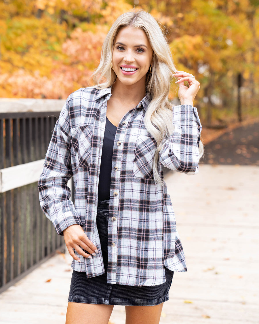 Rewinding Time Plaid Top - Black