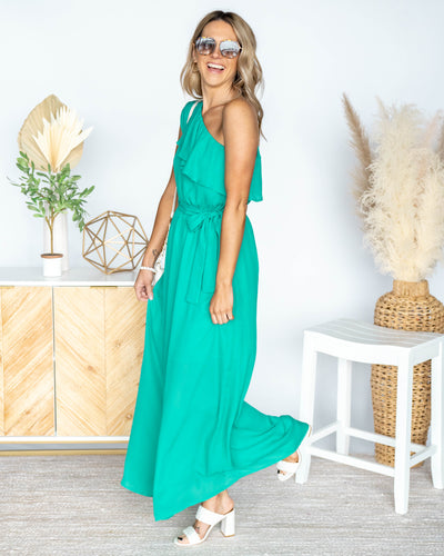 Madeline One Shoulder Ruffle Maxi Dress - Jade