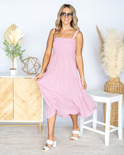 Sabrina Smocked Tiered Ruffle Midi Dress - Pink Lavender