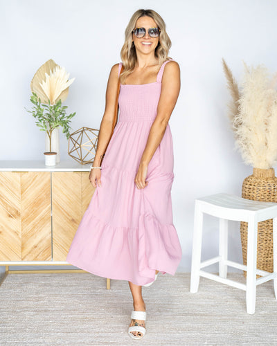 Sabrina Smocked Tiered Ruffle Midi Dress - Pink Lavender