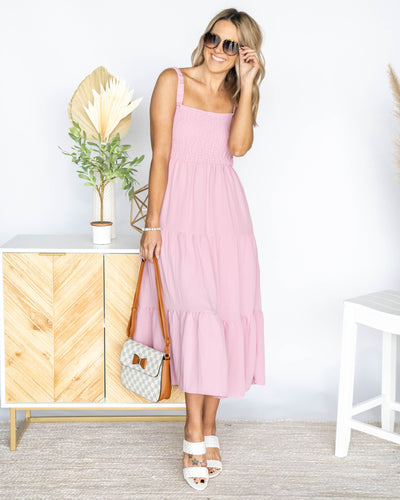 Sabrina Smocked Tiered Ruffle Midi Dress - Pink Lavender