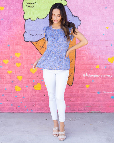 To New Heights Ruffle Sleeve Top - Dusty Blue