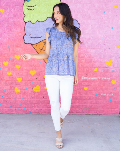 To New Heights Ruffle Sleeve Top - Dusty Blue