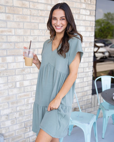 Sunkissed Summer Ribbed Babydoll Dress - Dark Sage