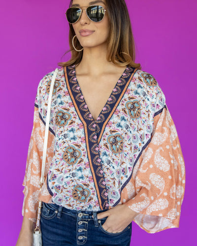 Addison V-Neck Crossover Bodysuit - Melon Multi