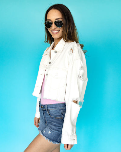 Chelsea Cropped Distressed Denim Jacket - Off White