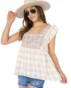 Lisa Embroidered Gingham Top - Beige