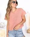 Emma Cropped Waffle Knit Henley - Faded Brick