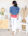 Amanda Pearl Beaded Short Sleeve Denim Jacket - Medium Wash